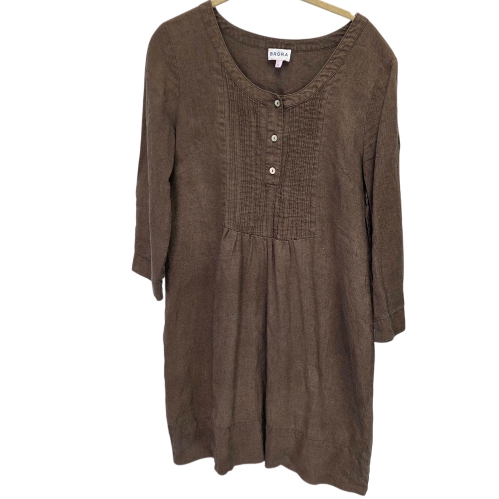Brora 100% Linen Brown Tunic Lagenlook Short Dress Size UK 12 US 10
